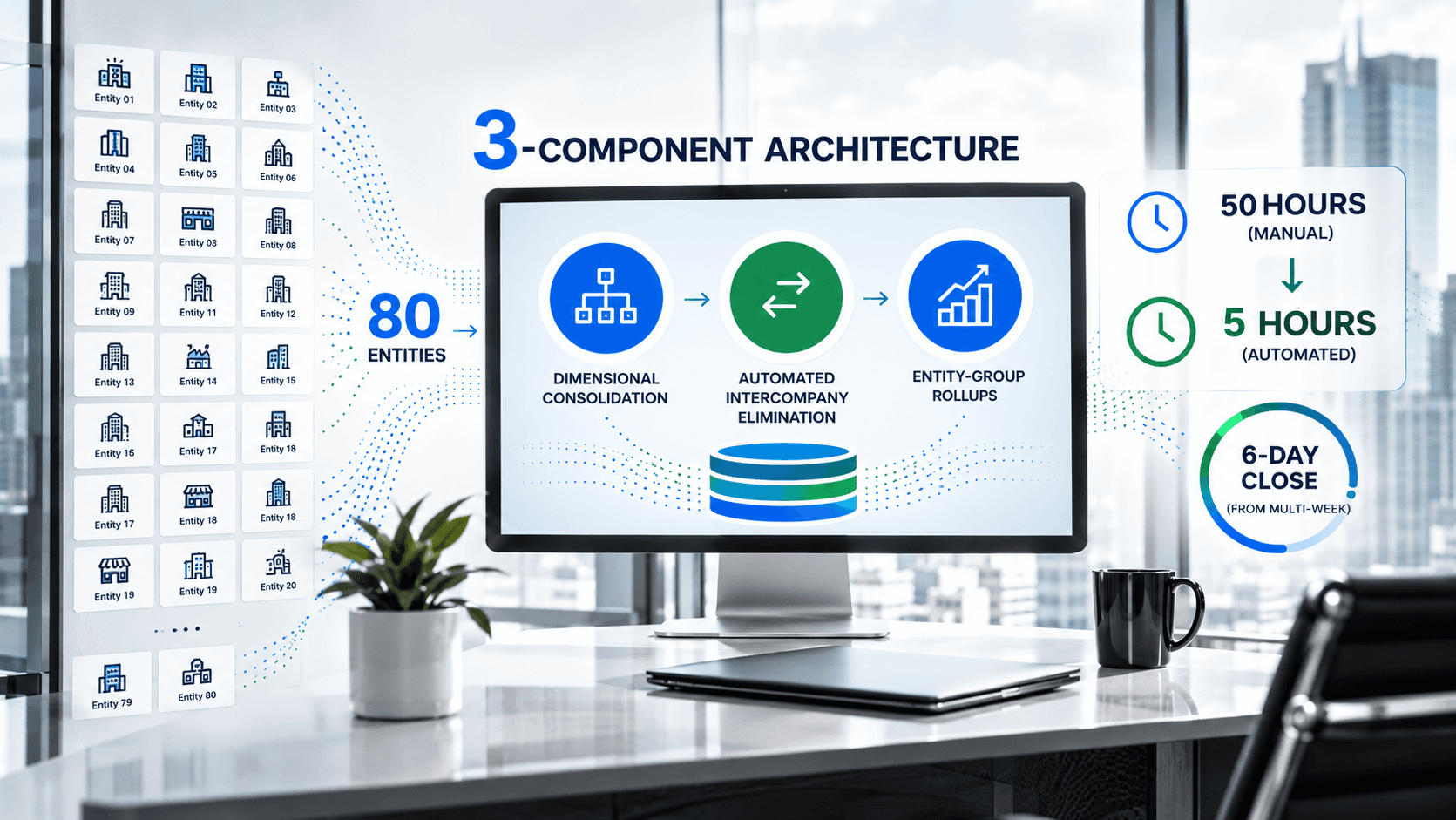80-entity consolidation: the architecture pattern that compressed 50 hours to five